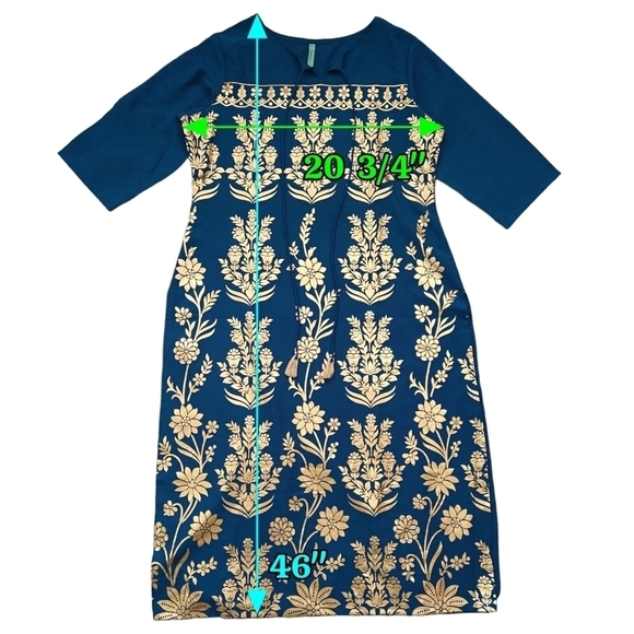 Janasya NWT Indian Turquoise Blue Gold Floral Poly Crepe Kurta Tunic Boho Exotic - Picture 3 of 10